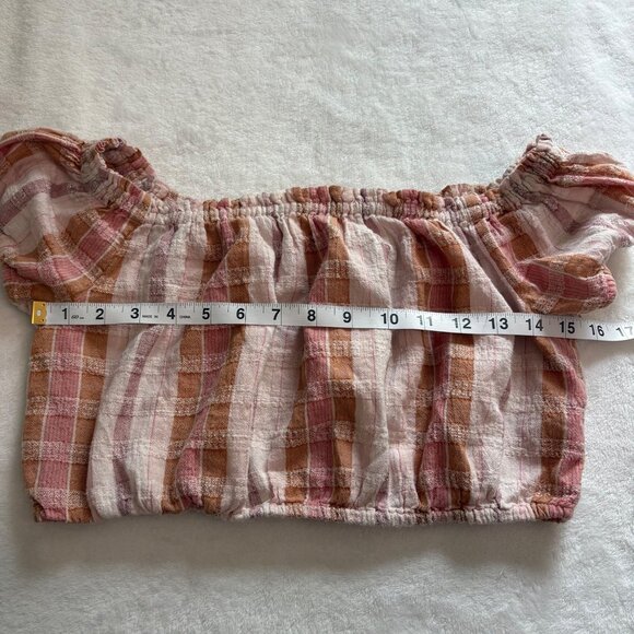 Aerie Pink & Orange Plaid Off-Shoulder Crop Top Elastic Hem & Sleeves Womens S - Picture 8 of 10
